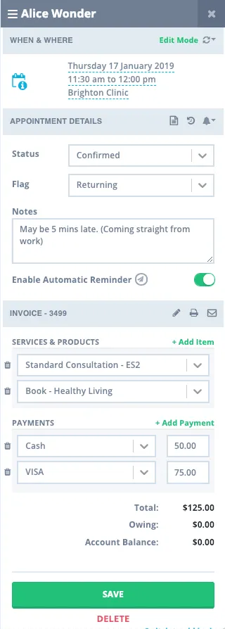 New appointment panel client appointment