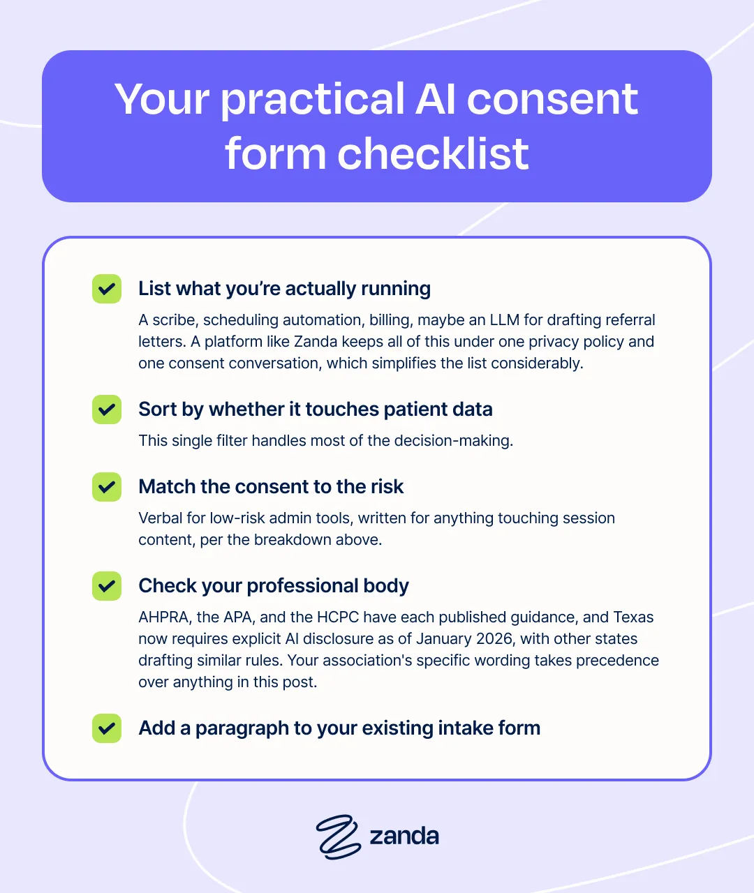 Your practical AI consent form checklist: list what you're running, sort by whether it touches patient data, match consent to risk, check your professional body, add a paragraph to your intake form