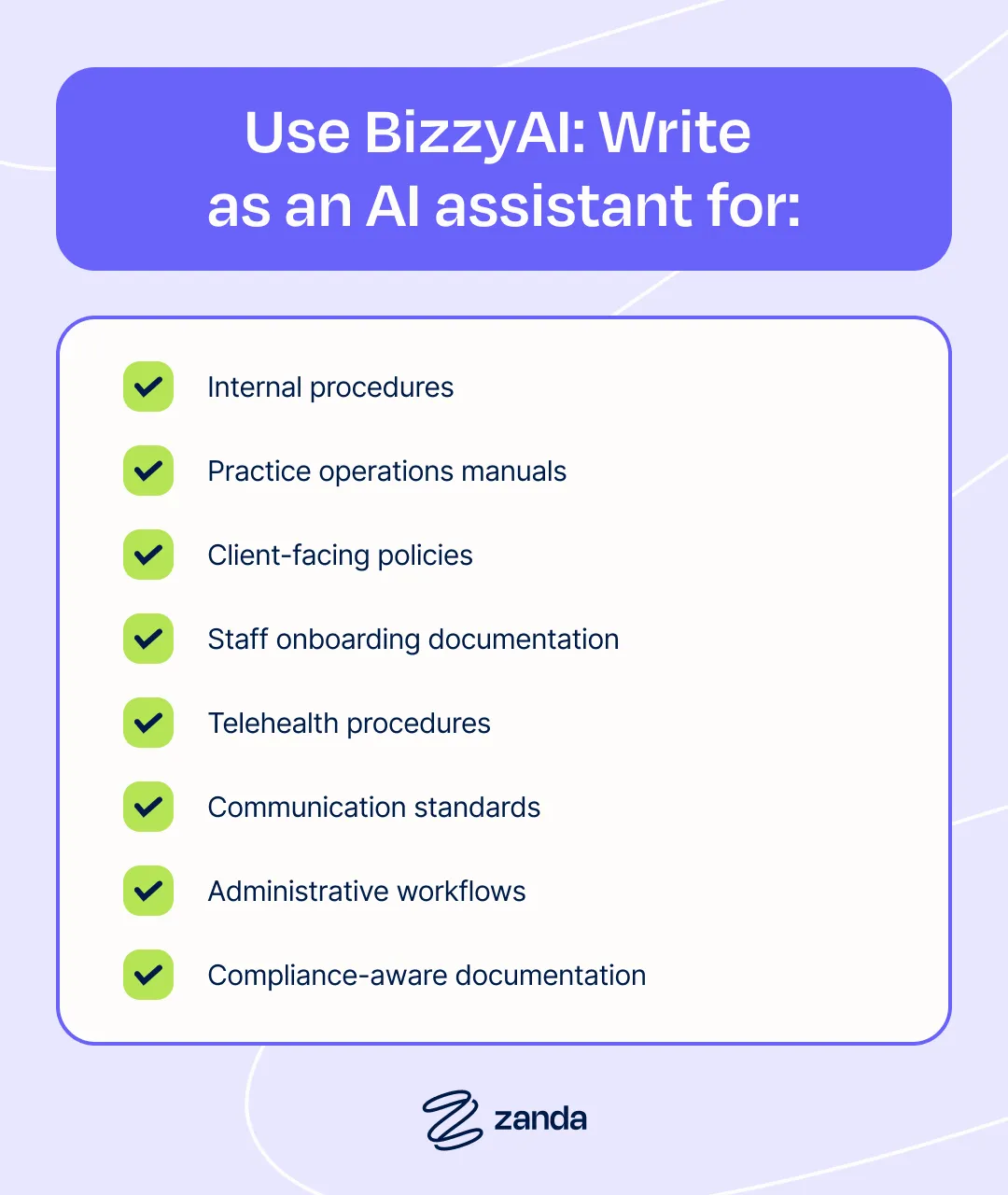BizzyAI Write use cases for practice manuals and policies — infographic