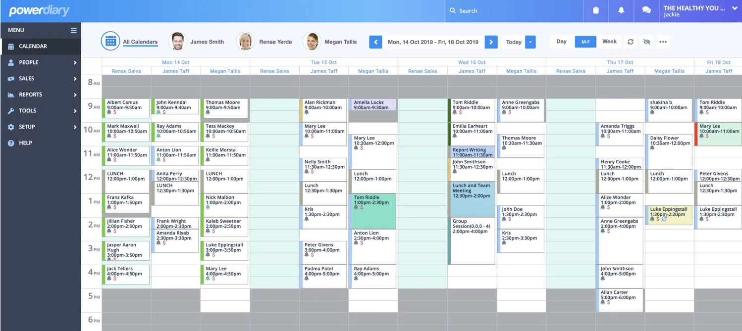 New Power Diary calendar header with all calendars selected, showing practitioner avatars across the top