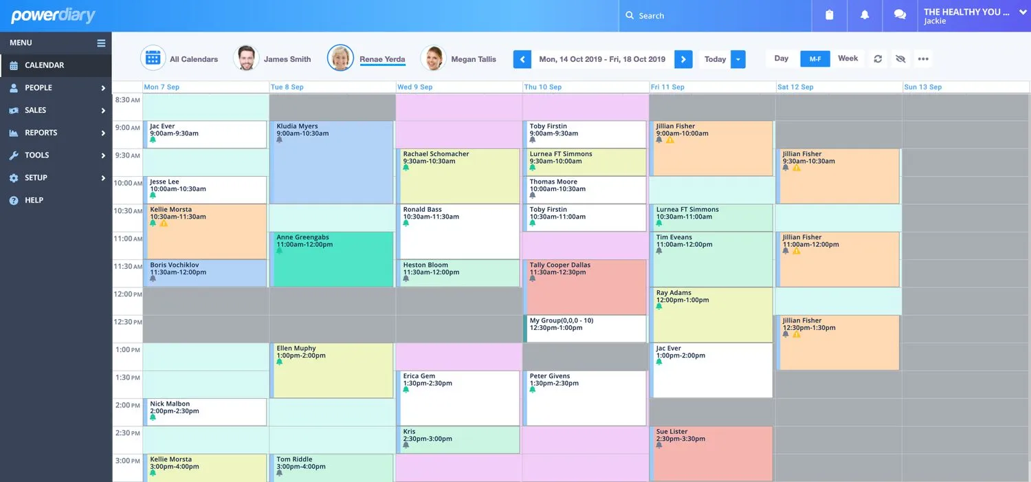 New Power Diary calendar header with a single practitioner selected, showing underline indicator