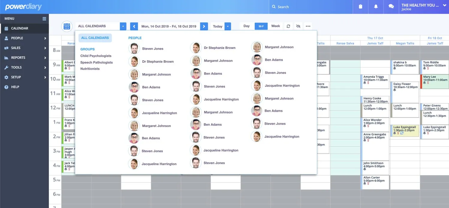 New Power Diary calendar mega-selector open, showing all practitioners and groups for large practices