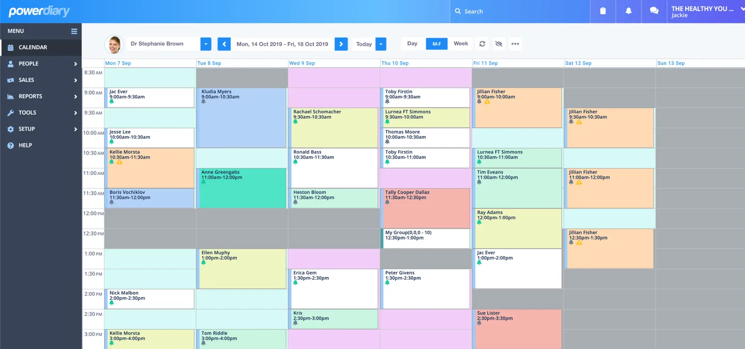 New Power Diary calendar header after selecting a practitioner from the mega-selector