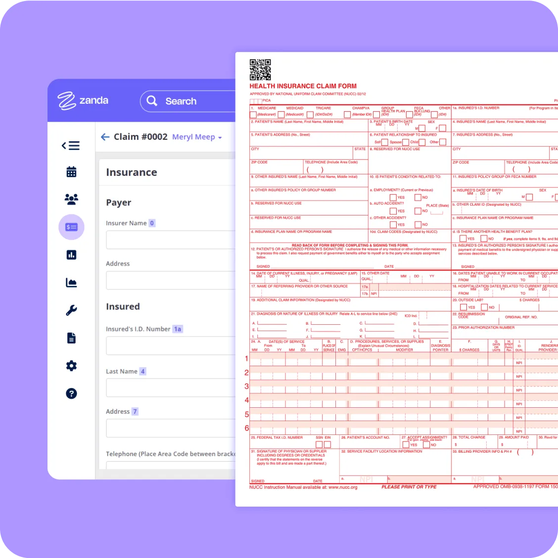 A CMS-1500 health insurance claim form generated in Zanda