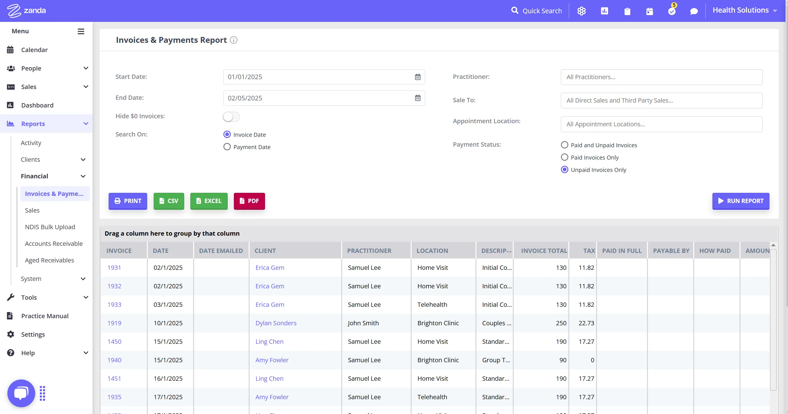 Unpaid invoices report in Zanda