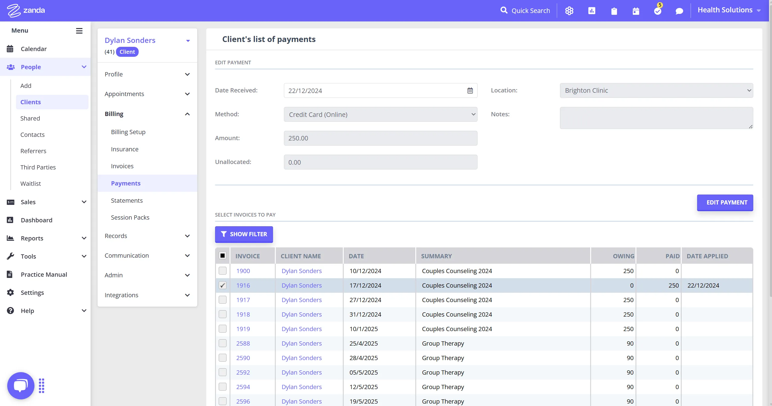 Recording client payments in bulk in Zanda