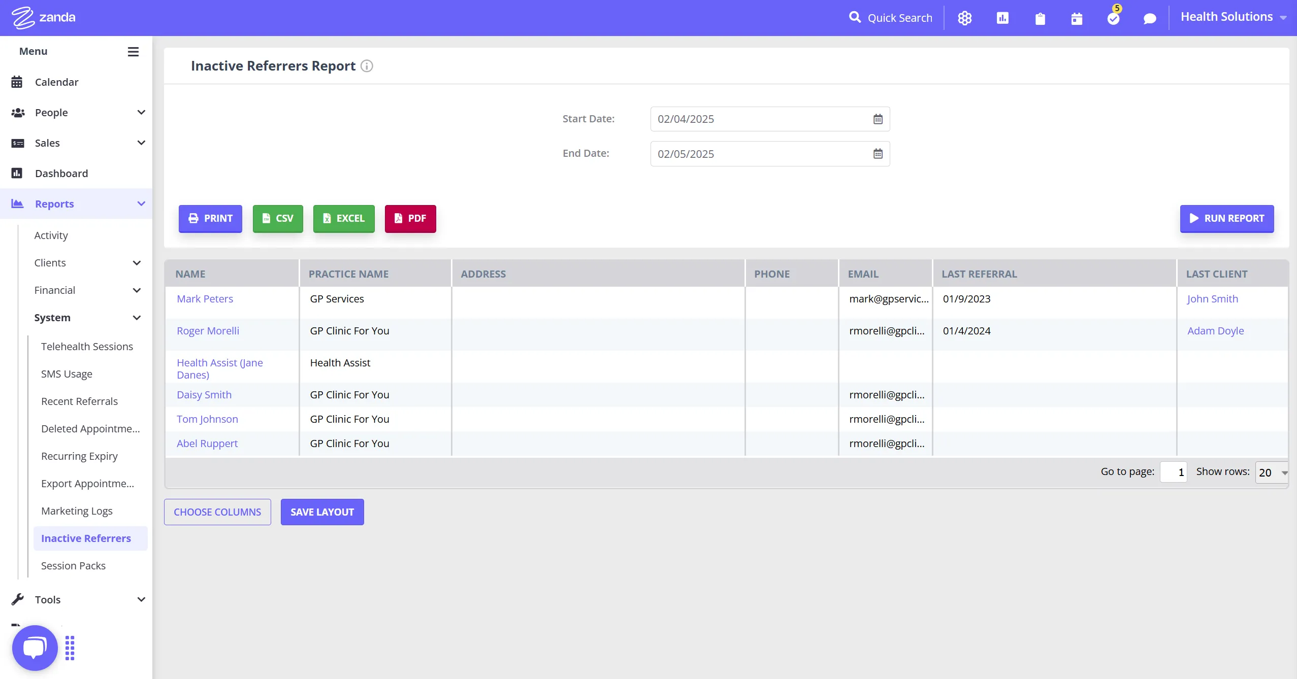 Inactive referrers report in Zanda