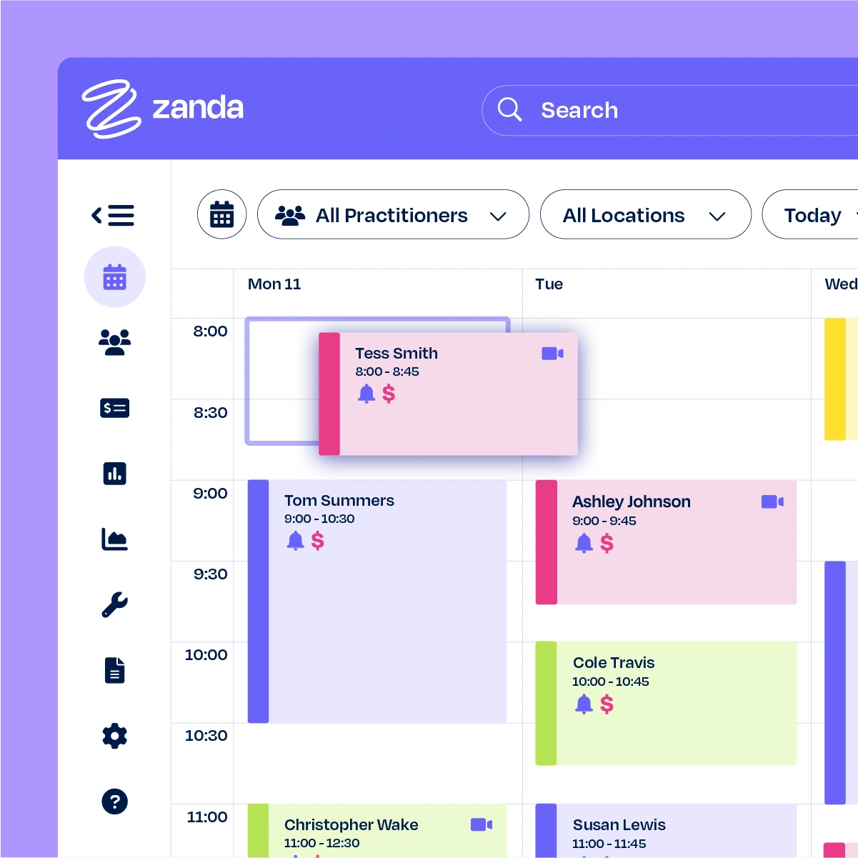 Zanda calendar management view showing appointments across multiple practitioners