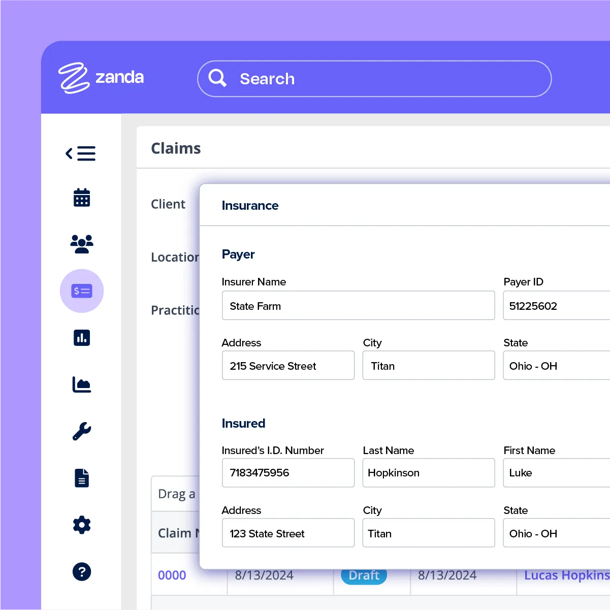 Zanda clinical notes screen with insurance workflow tools