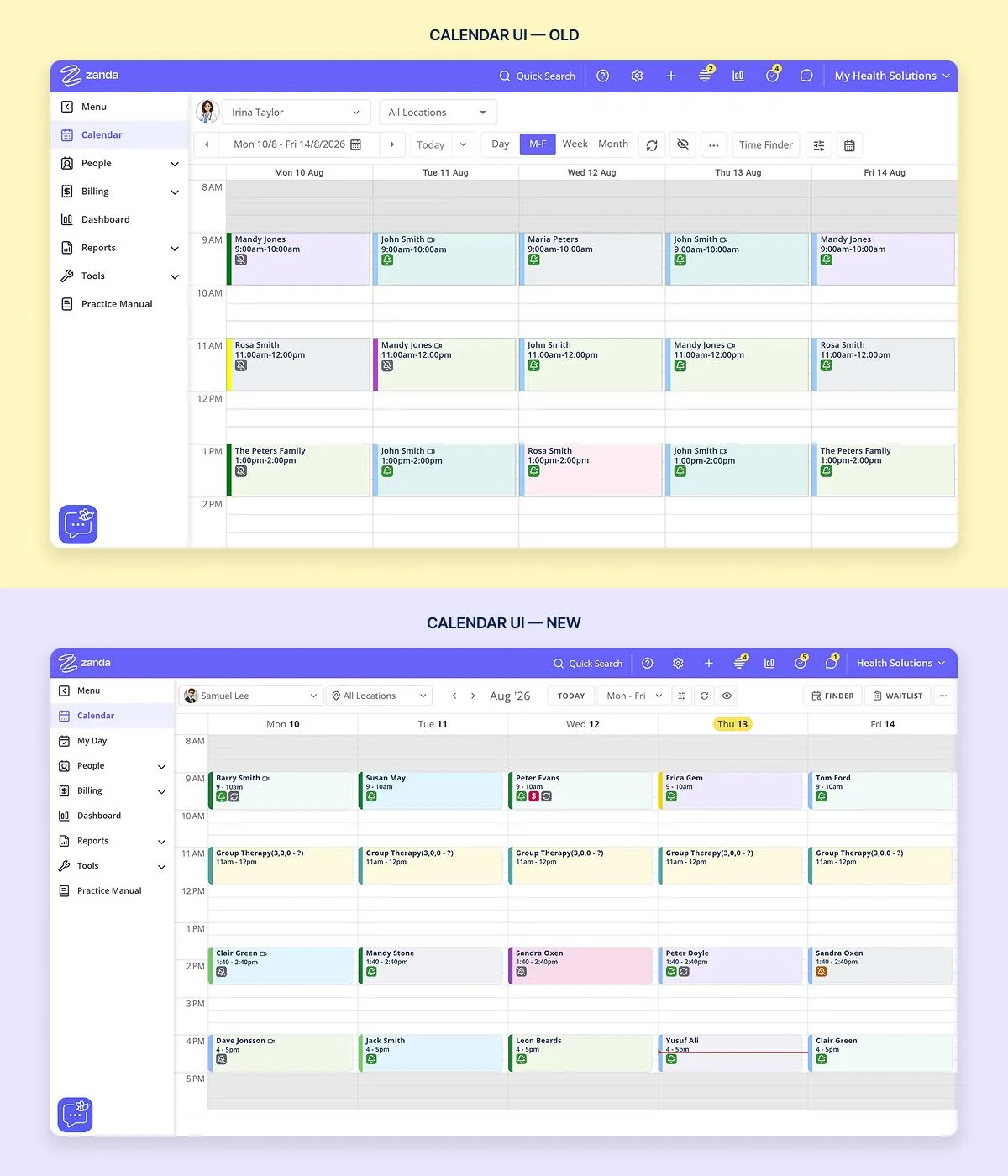 The Zanda Calendar before and after the redesign, shown side by side
