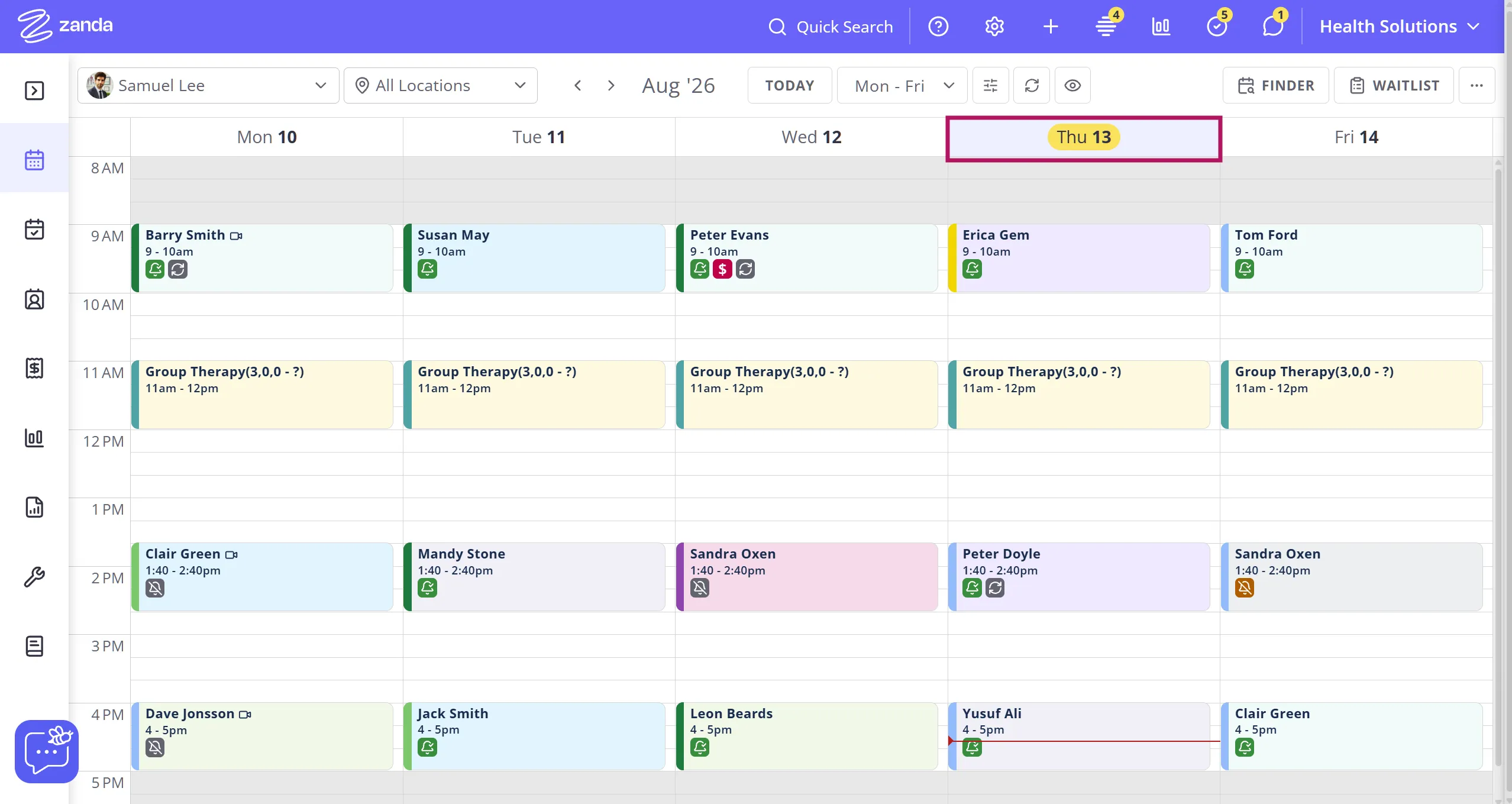 The current day highlighted at the top of the Zanda Calendar week view