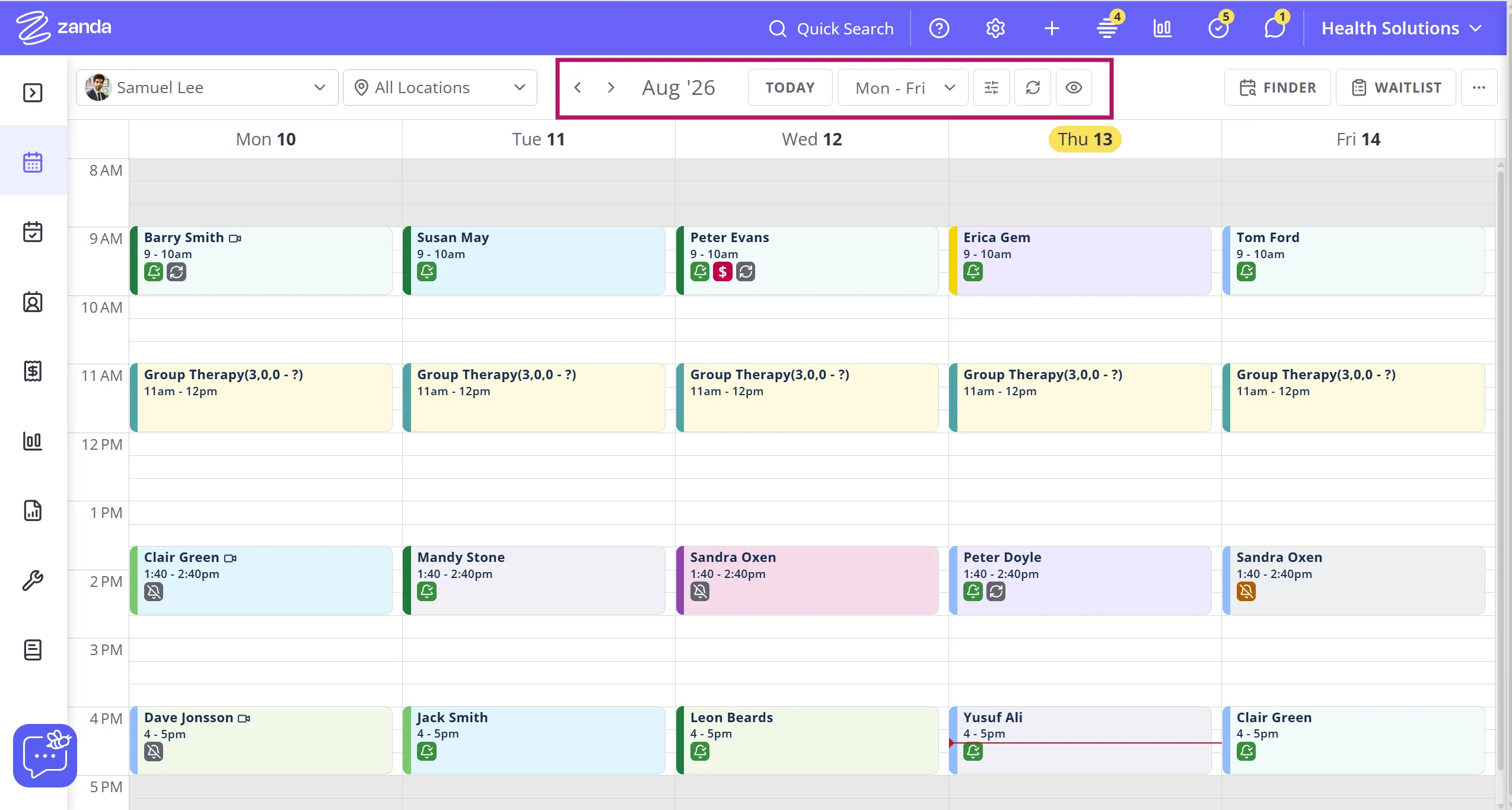 The Zanda Calendar toolbar with its controls grouped into labeled clusters