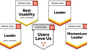 G2 Spring 2026 badges: Best Usability Small Business, Leader, Leader Small Business, Momentum Leader, and Users Love Us