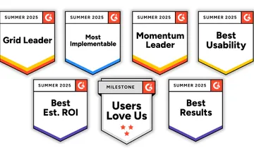 G2 Summer 2025 badges: Grid Leader, Most Implementable, Momentum Leader, Best Usability, Best Est. ROI, Users Love Us, and Best Results