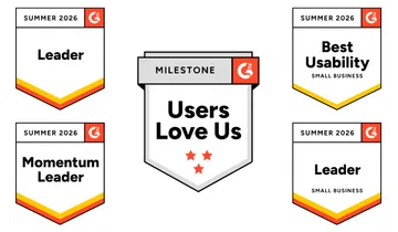 G2 Summer 2026 badges: Leader, Leader Small Business, Momentum Leader, Best Usability Small Business, and Users Love Us
