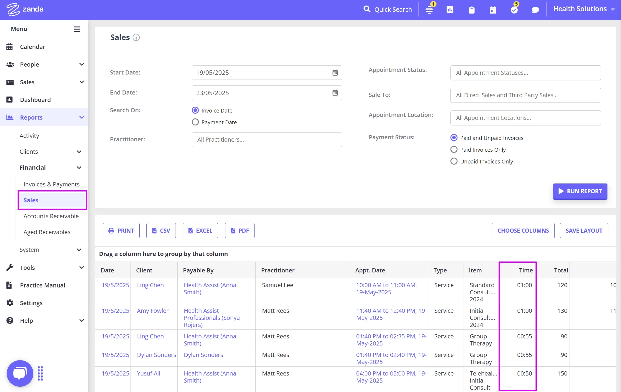 Zanda Sales report showing billable hours per practitioner