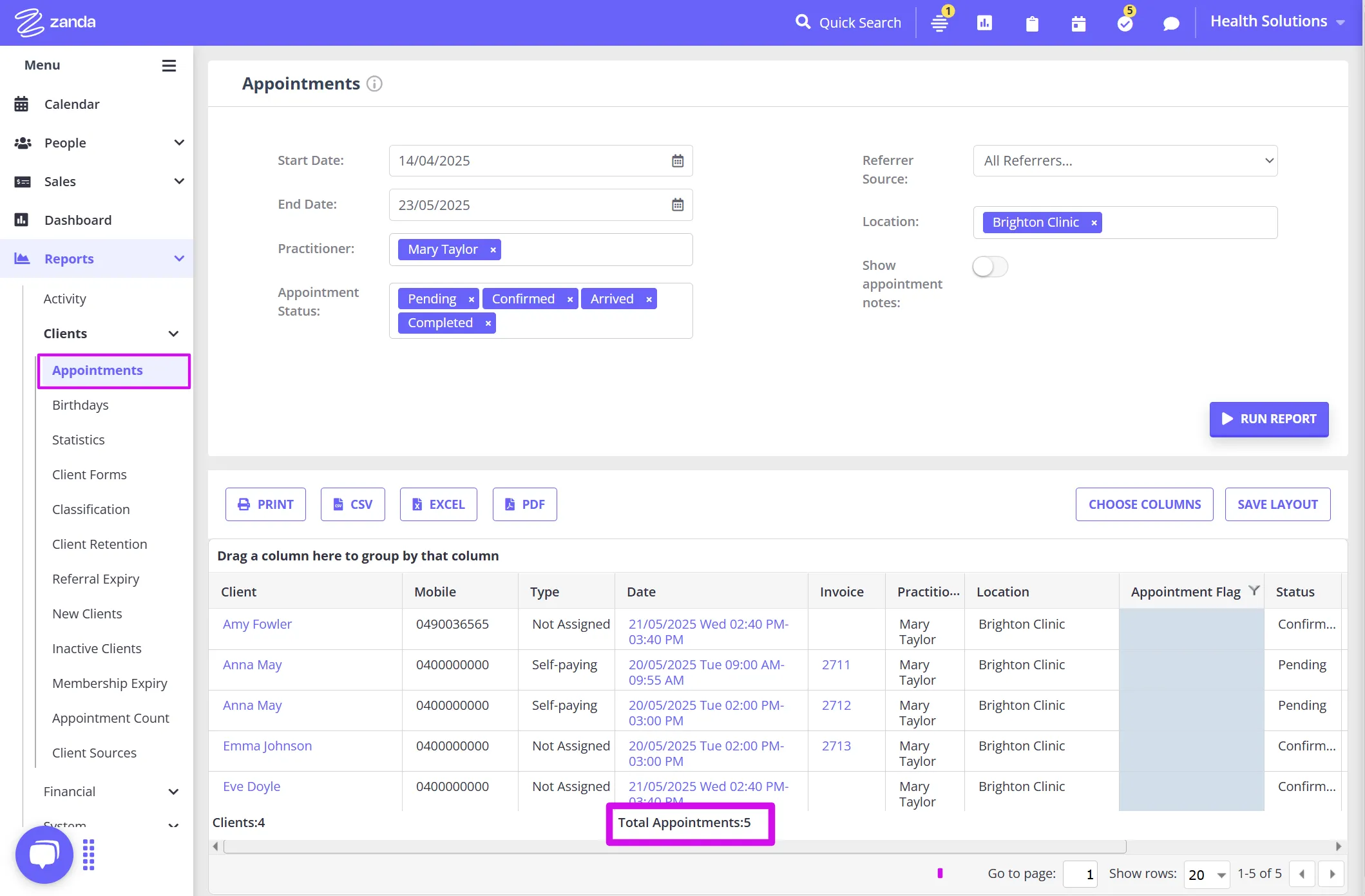 Zanda Appointments report filtered by all appointment statuses to track total bookings