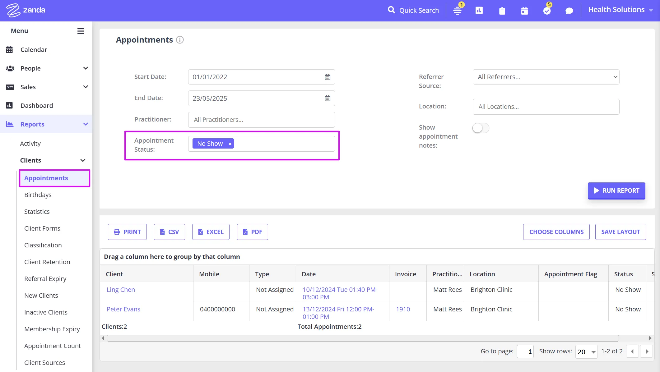 Zanda Appointments report filtered by No Show status to track missed appointments