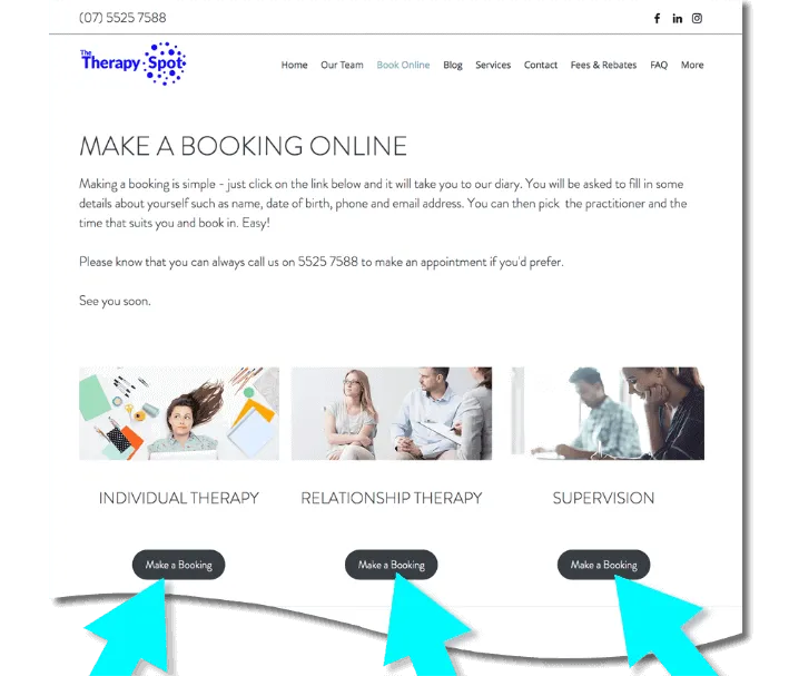 Online booking on therapy health practice website