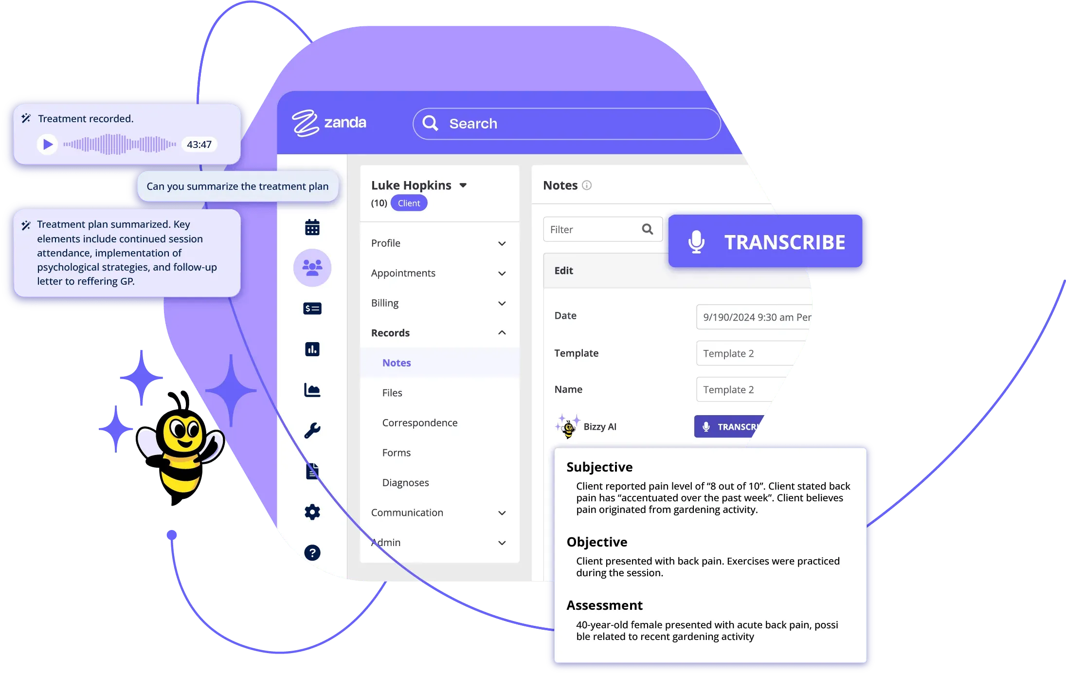 BizzyAI assistant interface inside Zanda