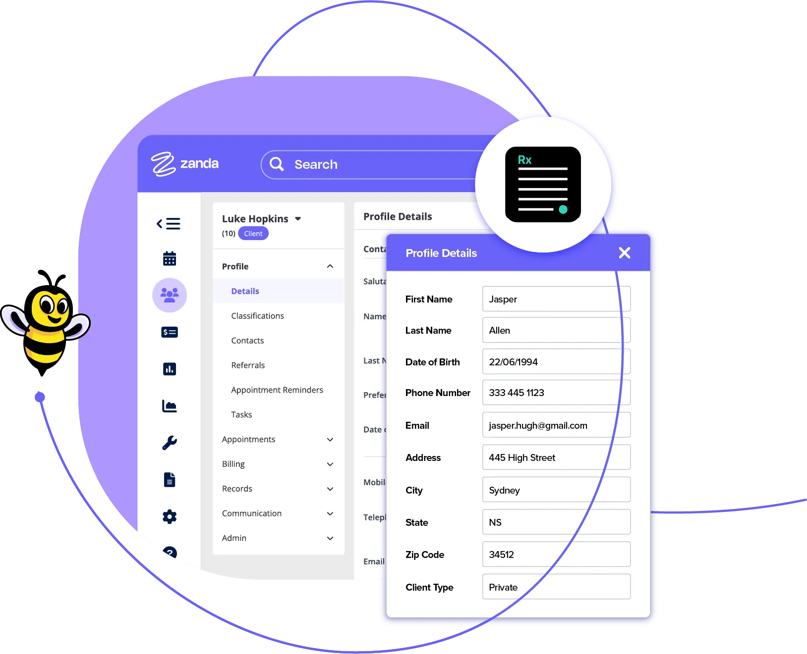 A Zanda client profile connected to Parchment for e-prescribing, with a digital prescription and the Zanda bee mascot