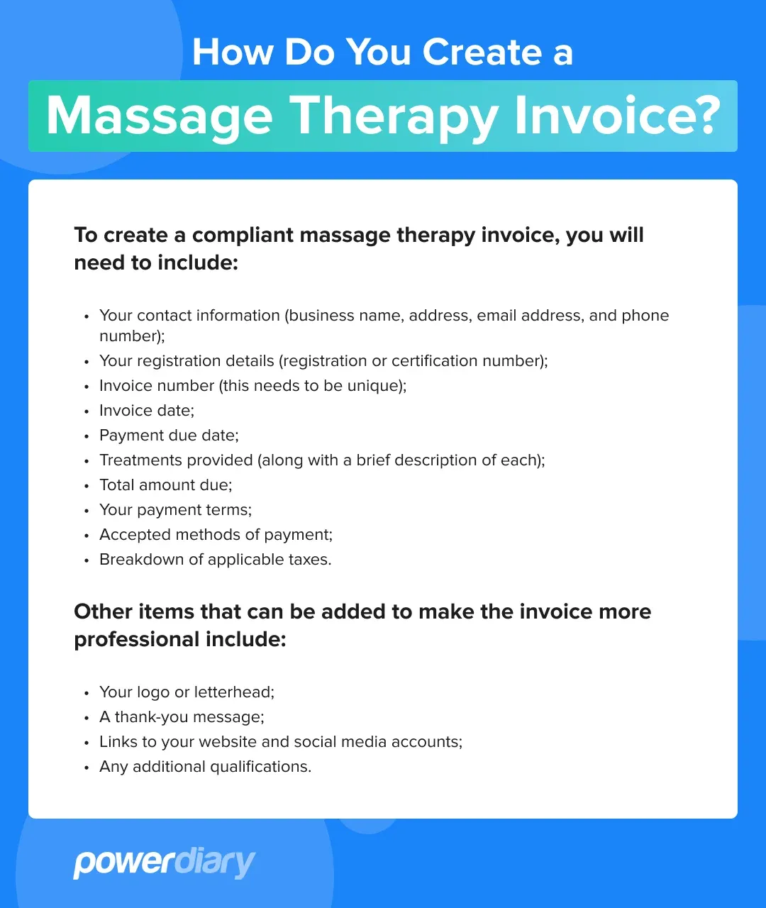 Sample massage therapy invoice showing provider details, services, and payment information