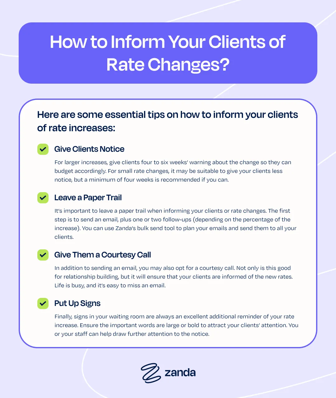 Infographic: How to Inform Your Clients of Rate Changes – tips including giving notice, leaving a paper trail, a courtesy call, and putting up signs