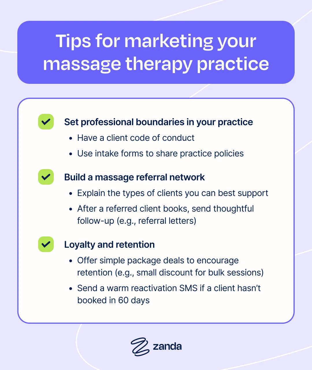 Tips for marketing your massage therapy practice, covering professional boundaries, referral networks, and loyalty