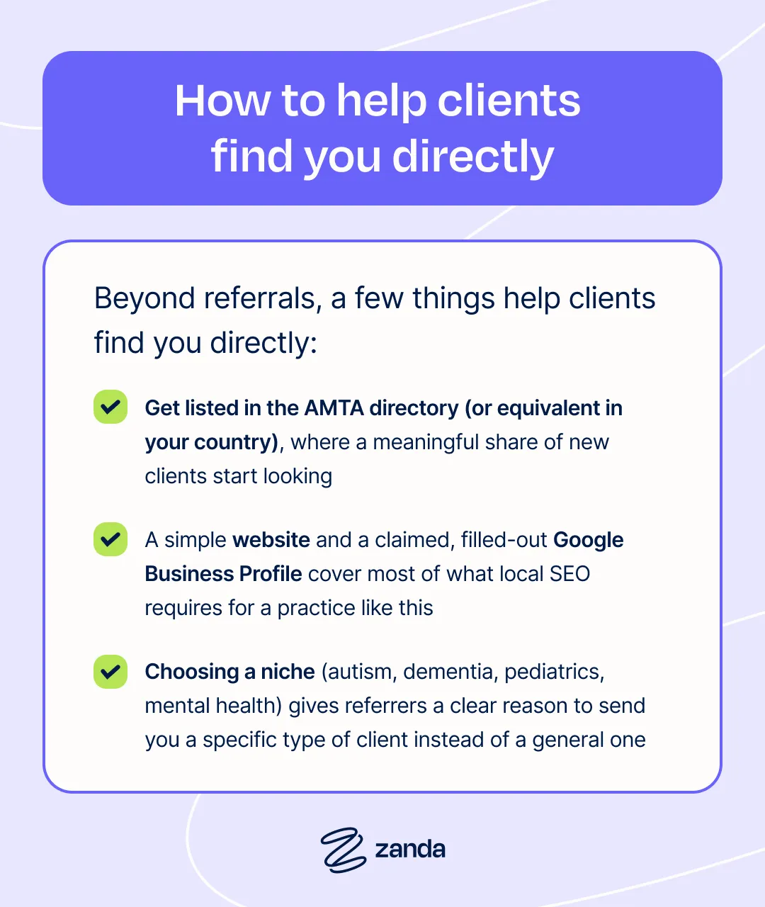 Screenshot of Zanda practice management showing guidance for how music therapists can help clients find their practice