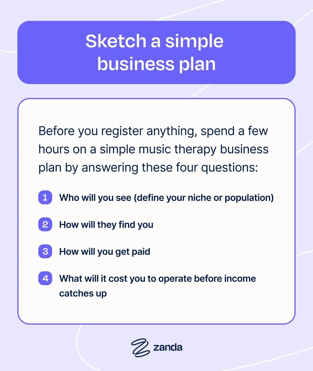 Business plan framework for starting a music therapy practice showing four key planning questions