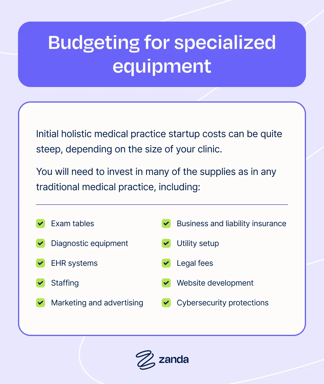 List of startup costs for an osteopathic practice including exam tables, EHR systems, staffing, and legal fees
