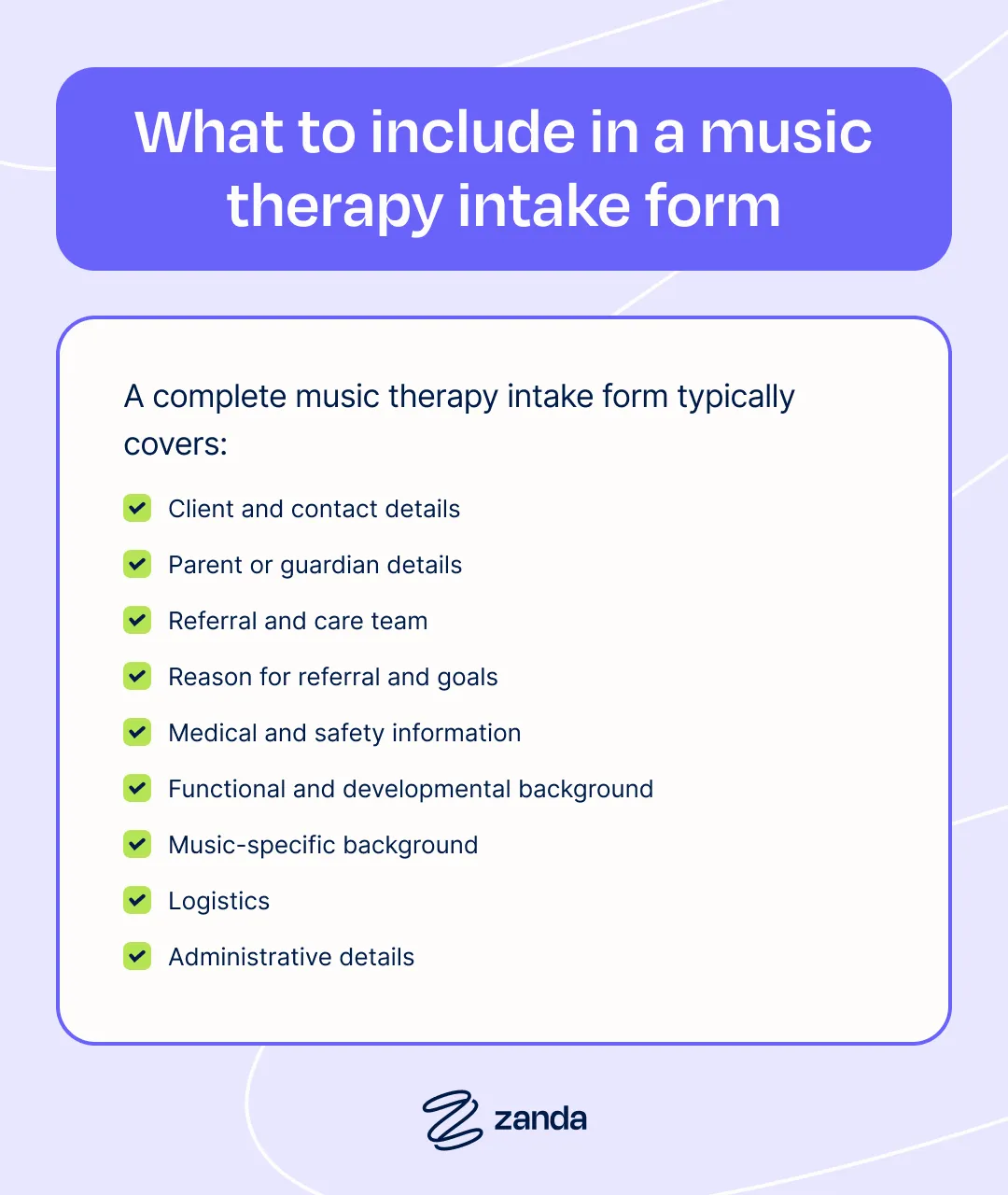 Preview of a music therapy consent form template showing sections for confidentiality limits, recording consent, telehealth consent, and AI note-taking consent