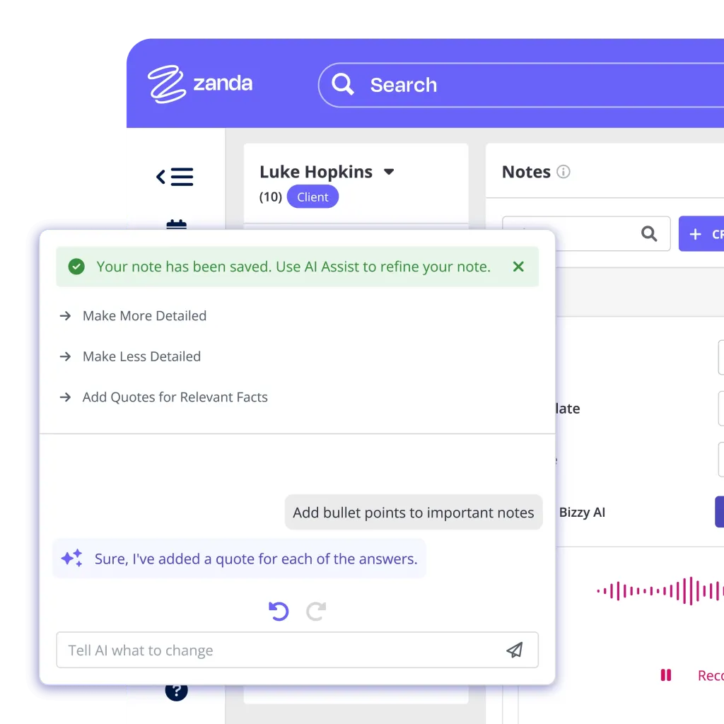 BizzyAI Note Refine interface