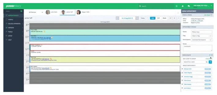 Power Diary group appointment view with panel to message all participants at once