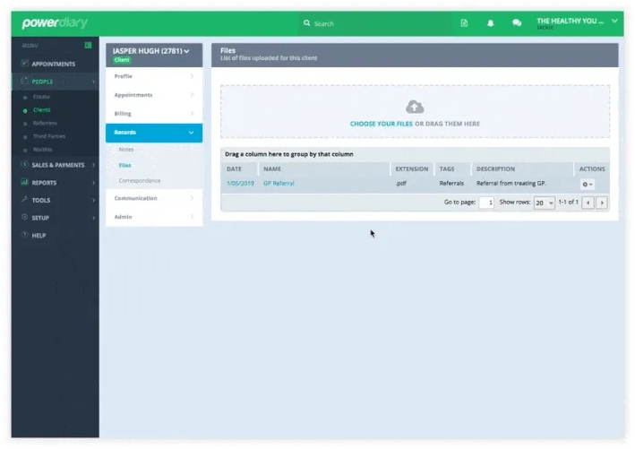 Animated demo of Power Diary's client file preview feature showing in-browser document viewing