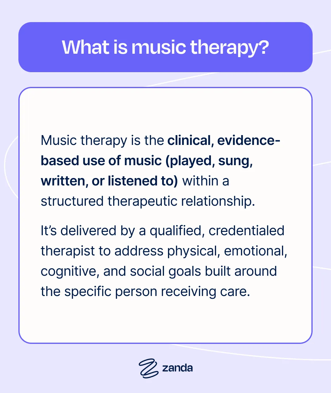A slide showing the definition of music therapy: the clinical, evidence-based use of music within a structured therapeutic relationship