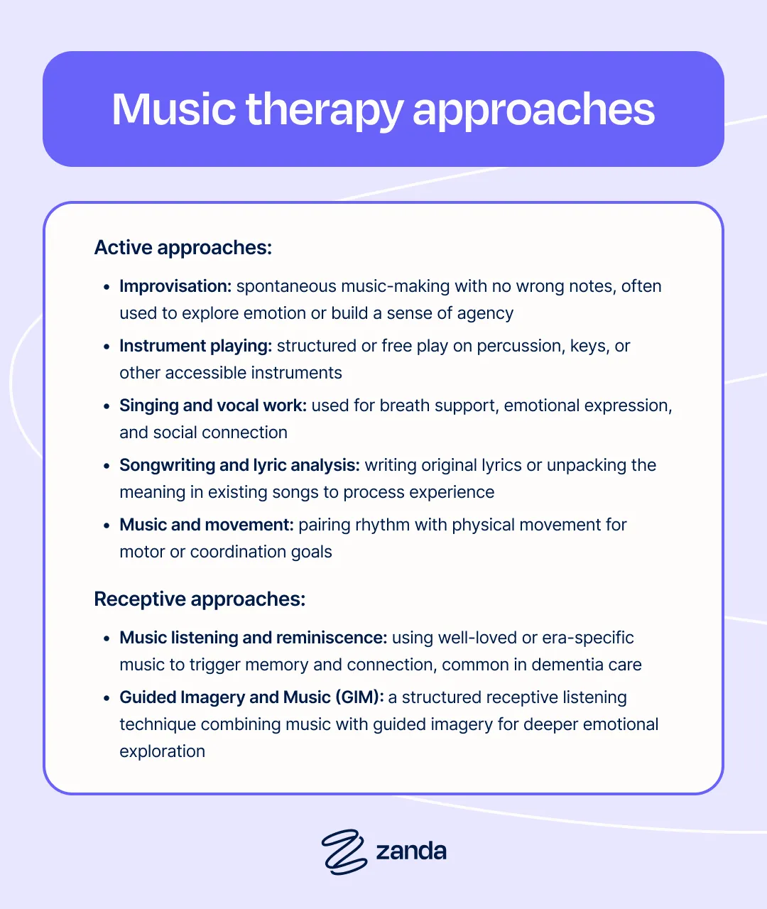 A diagram showing active and receptive music therapy approaches with examples of each technique