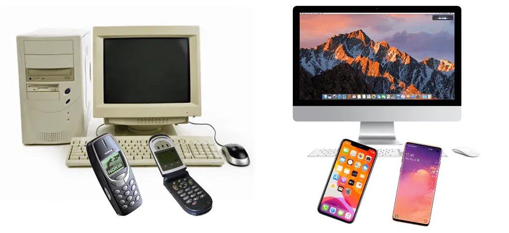 Side-by-side comparison of old desktop computers and Nokia phones vs modern iMac and smartphones, illustrating technology evolution