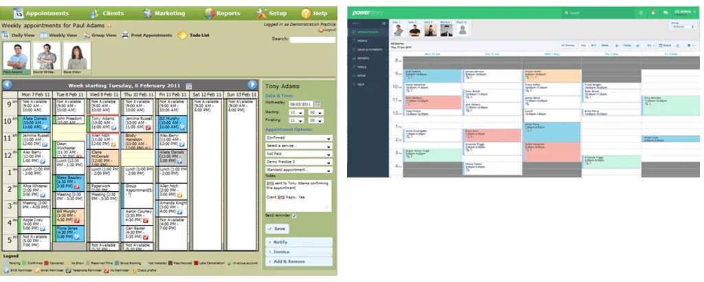 Side-by-side comparison of the old Power Diary interface (2011) and the modern Power Diary calendar interface