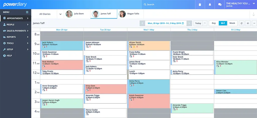 Modern Power Diary calendar showing week view with appointments across multiple practitioners