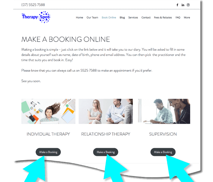 Online booking on therapy health practice website