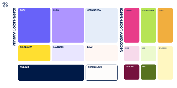 Zanda's primary and secondary color palettes with names such as 'Dusk,' 'Lavender,' 'Sunflower,' and 'Honey,' displayed in color blocks on a white background.