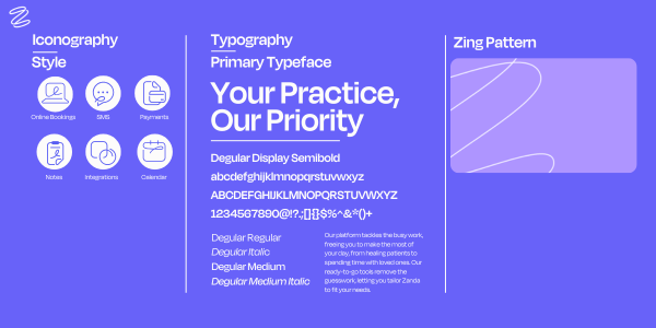 Overview of Zanda's icon style, primary typeface 'Degular,' and branding pattern called 'Zing,' showcasing clean and modern design elements for online bookings, payments, integrations, and calendar.