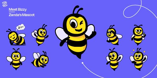 Illustration of Zanda's mascot, Bizzy the bee, in various playful and expressive poses, showcasing friendly and approachable personality traits.