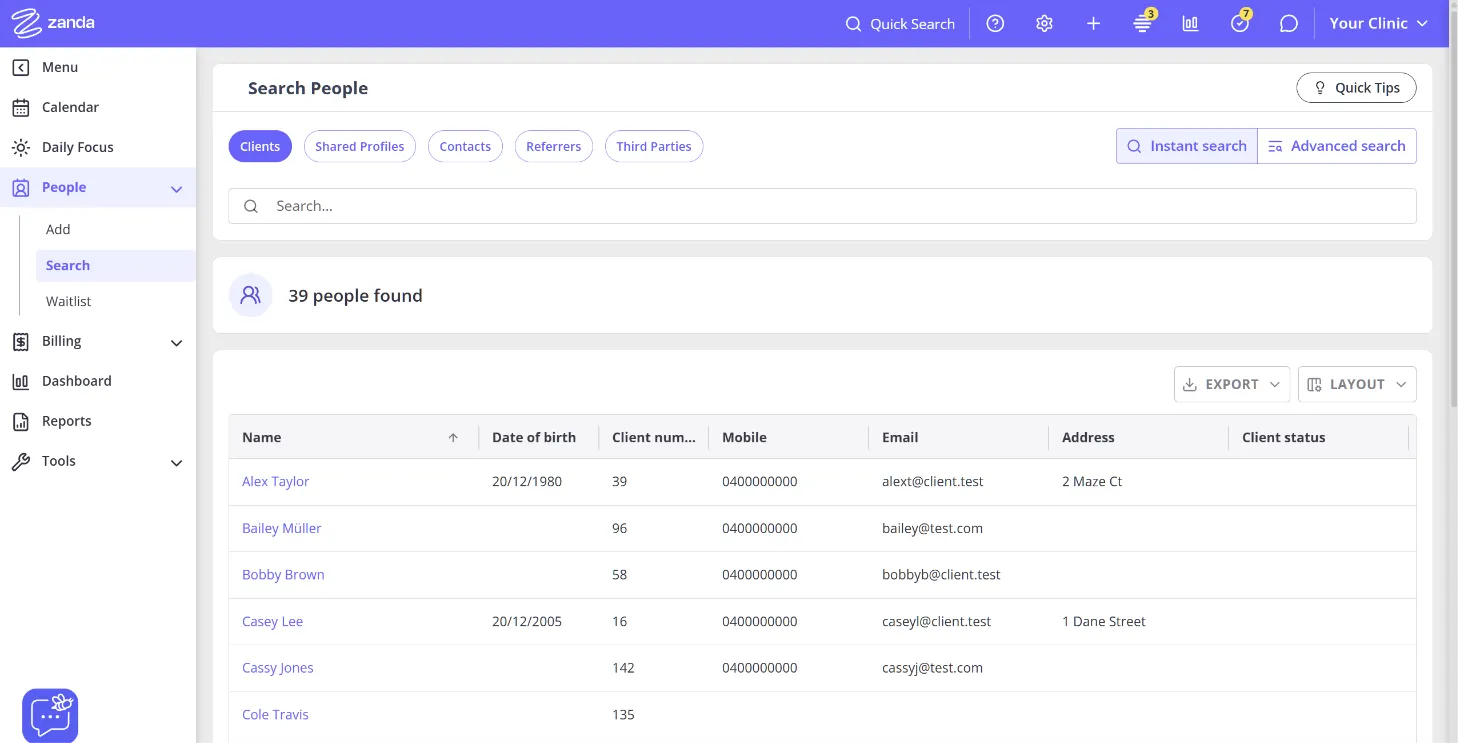Search People page in Instant search mode, showing the profile type chips, search box, results count, and results grid with Export and Layout buttons above it.