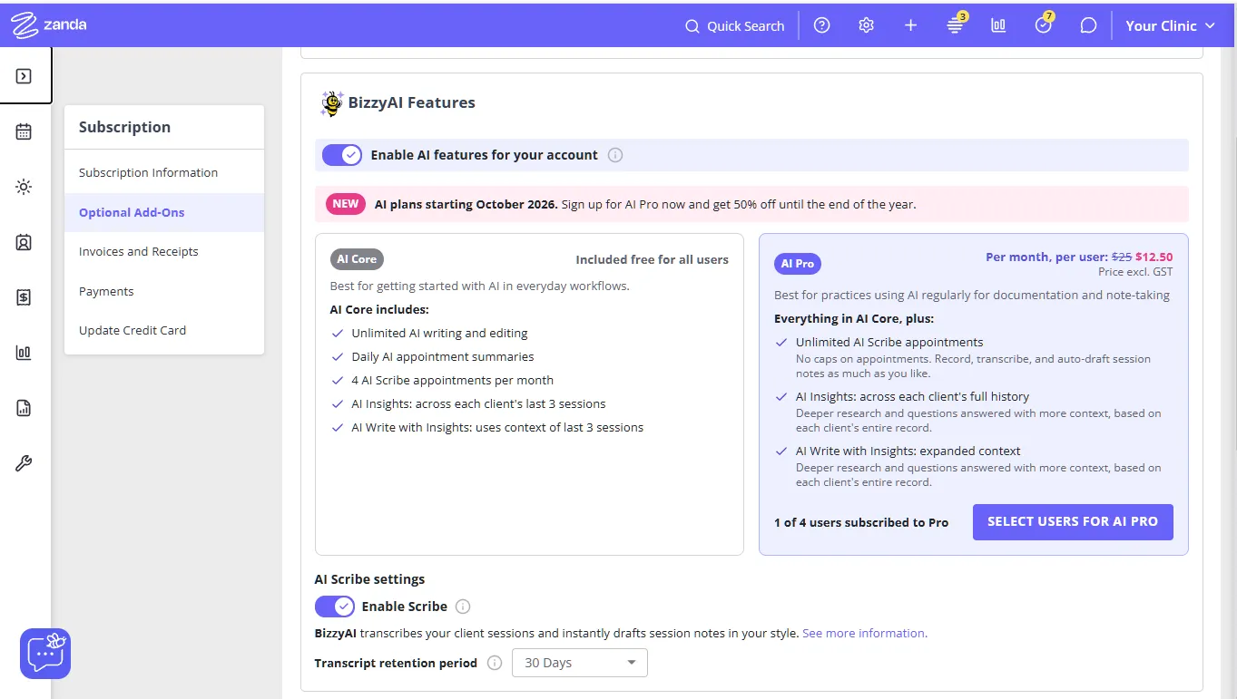 BizzyAI Features page in Optional Add-Ons showing the AI Core and AI Pro plan comparison