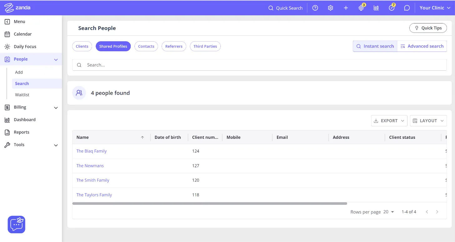Search People page with the Shared Profiles profile type chip selected, showing 4 shared profile results