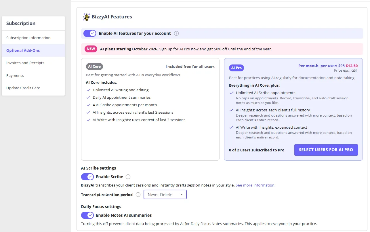 BizzyAI Features page with AI Scribe settings and the Daily Focus settings section showing the Enable Notes AI summaries toggle switched on