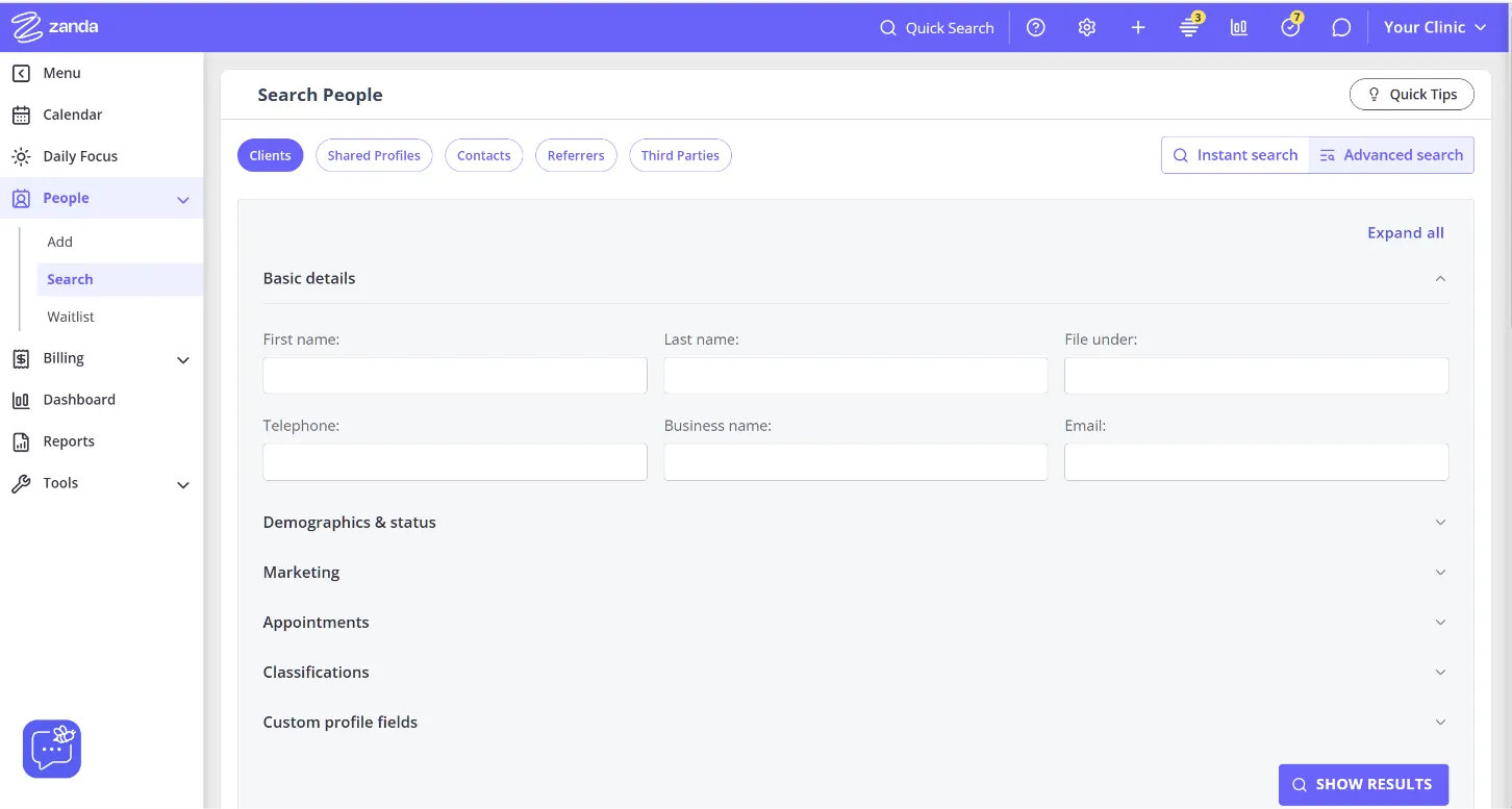 Advanced search filter panel showing the Basic details section open (First name, Last name, File under, Telephone, Business name, Email) with Demographics & status, Marketing, Appointments, Classifications, and Custom profile fields collapsed below it, an Expand all link, and a Show results button.