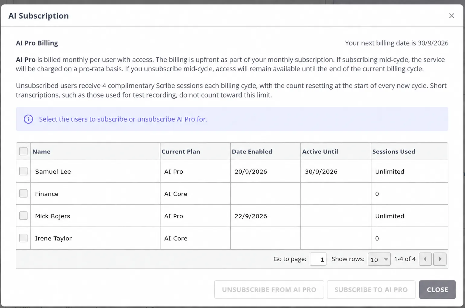 AI Subscription dialog listing each user's plan and sessions used